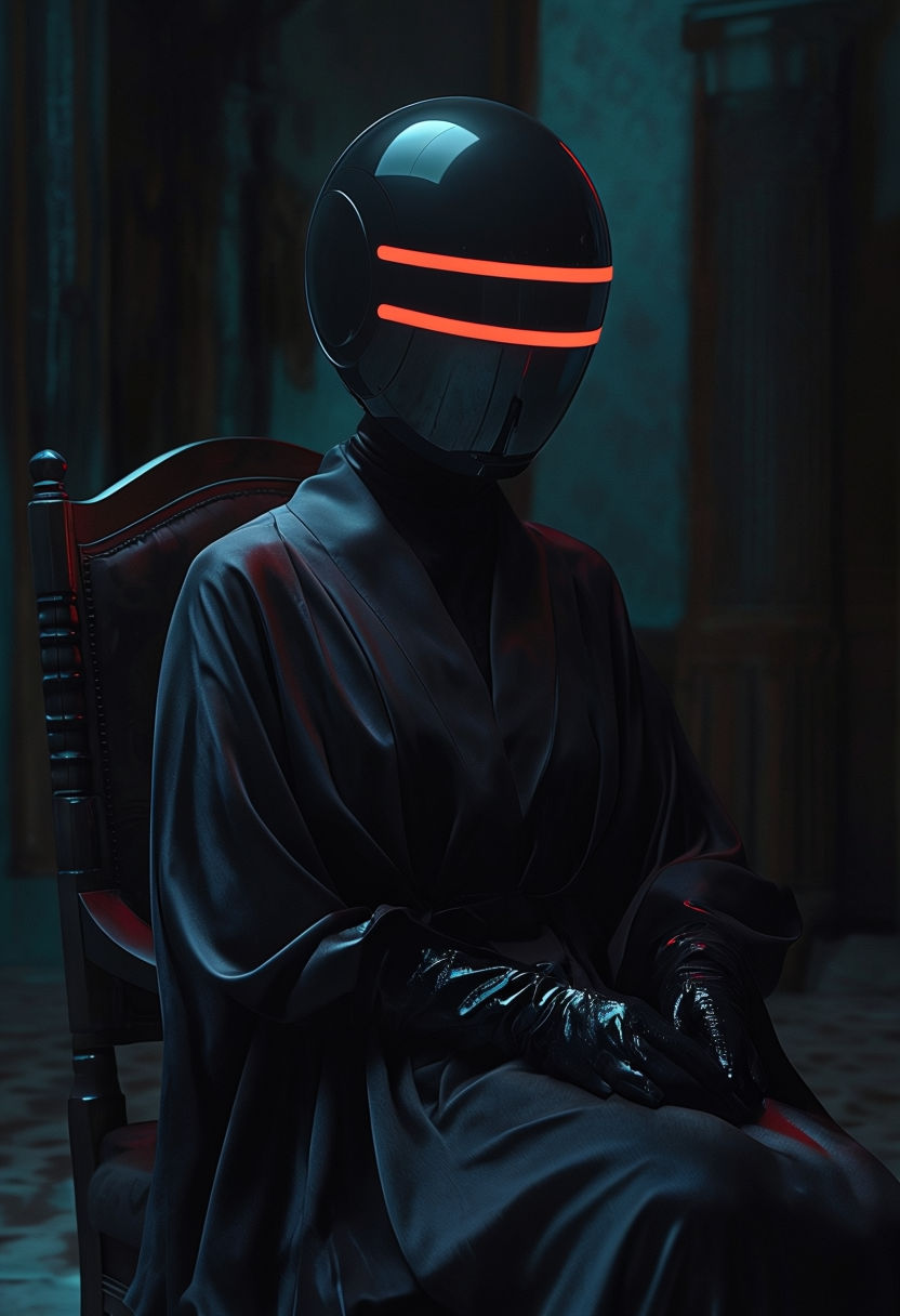 Futuristic Solitary Figure in Dark Robe and Helmet Art with Neon Accents