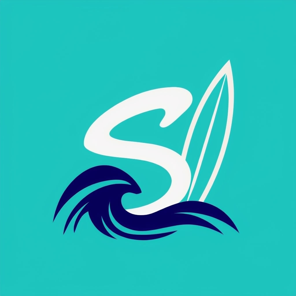 Dynamic Aqua Blue Monogram 'S' with Surfboard and Wave Crest Monogram