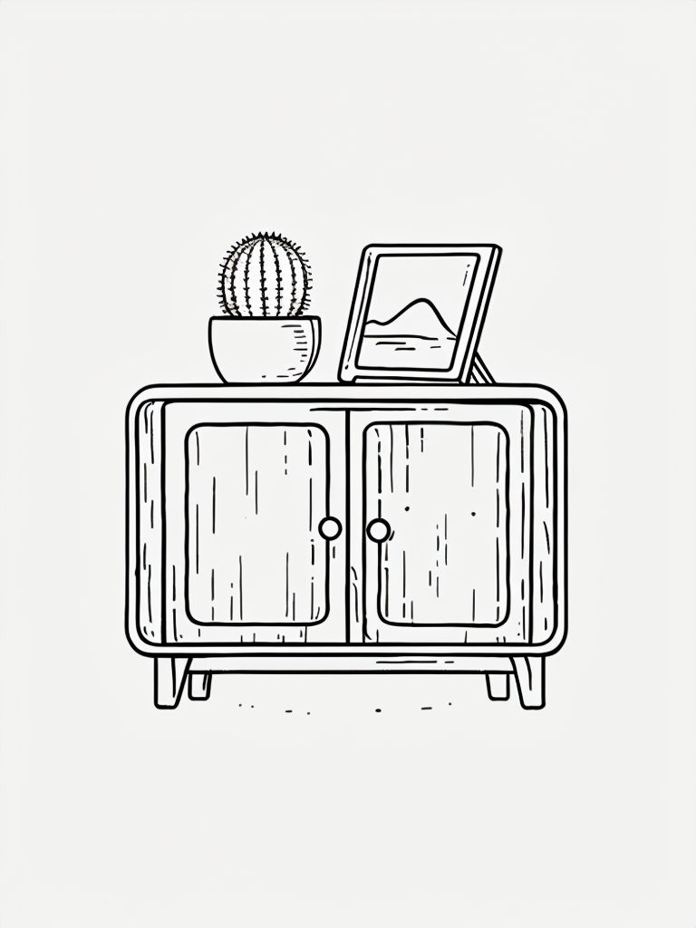 Minimalist Wooden Cabinet and Cactus Line Drawing Coloring Book Page