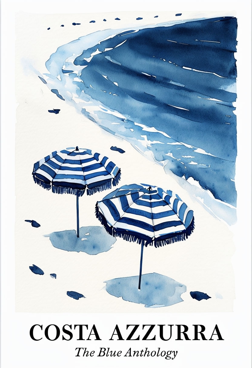 Tranquil Beach Scene with Blue Striped Umbrellas Poster