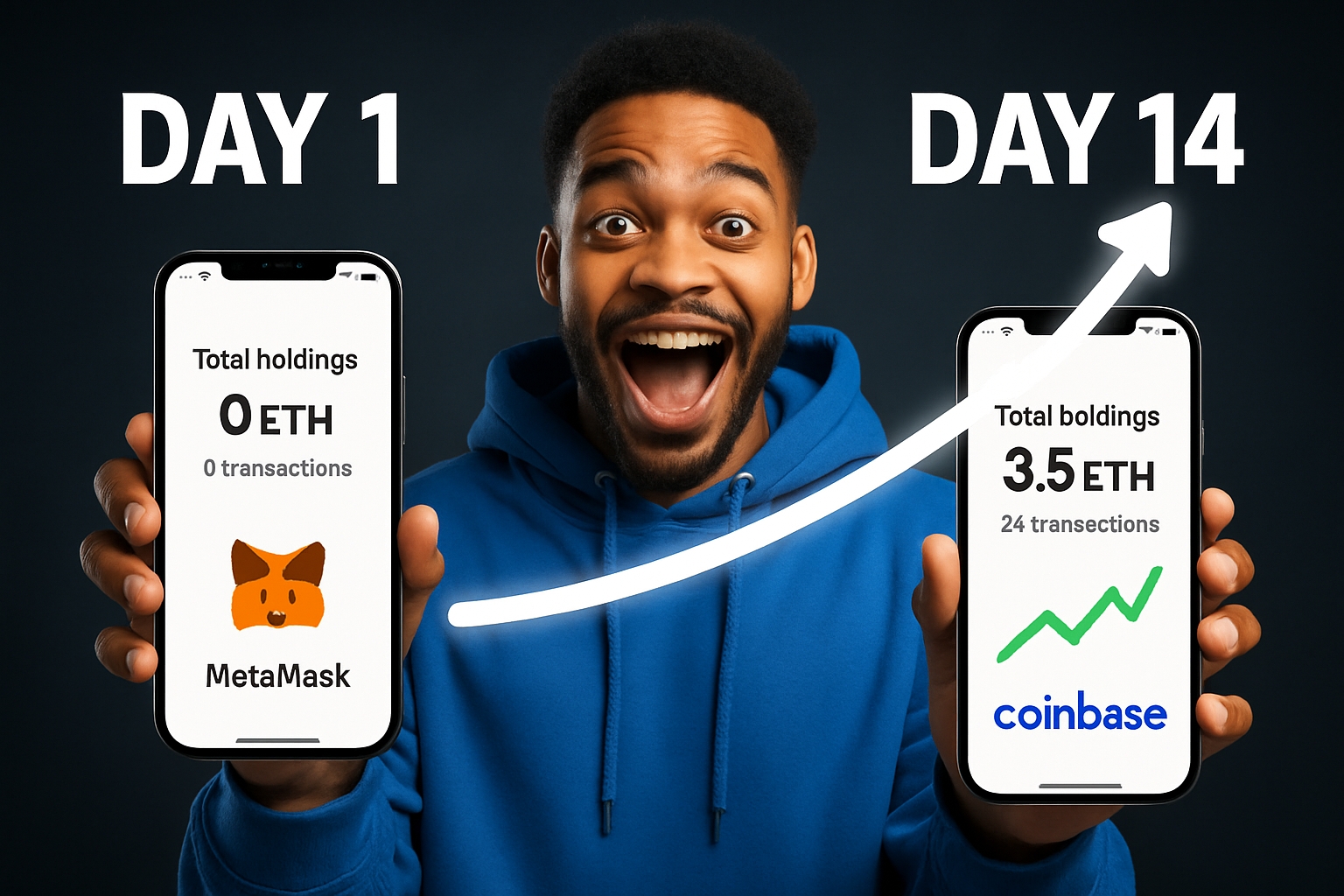 Excited Man Celebrating Cryptocurrency Growth with Smartphones Social Media Post