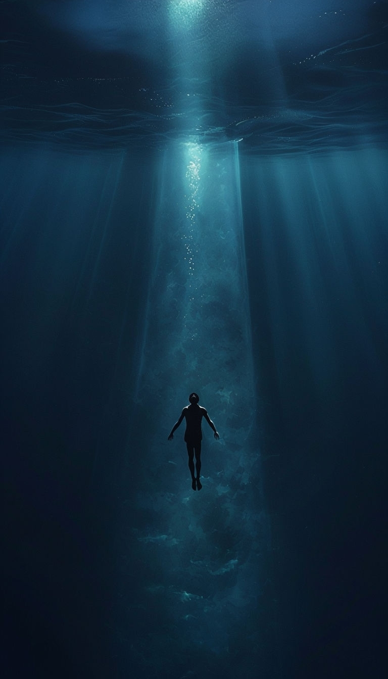 Enigmatic Underwater Scene with Silhouette and Light Beam Mobile Wallpaper