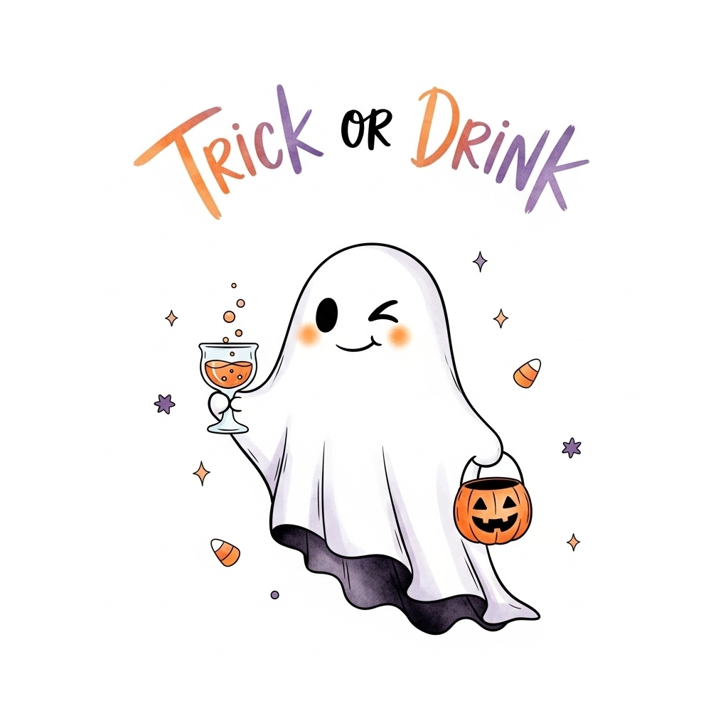 Playful Cartoon Ghost with Trick or Drink Message T-shirt