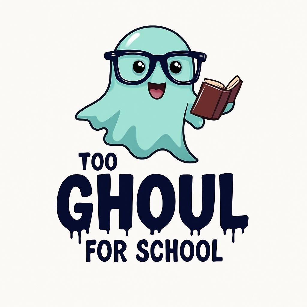 Cheerful Cartoon Ghost with Book and 'Too Ghoul for School' Sticker
