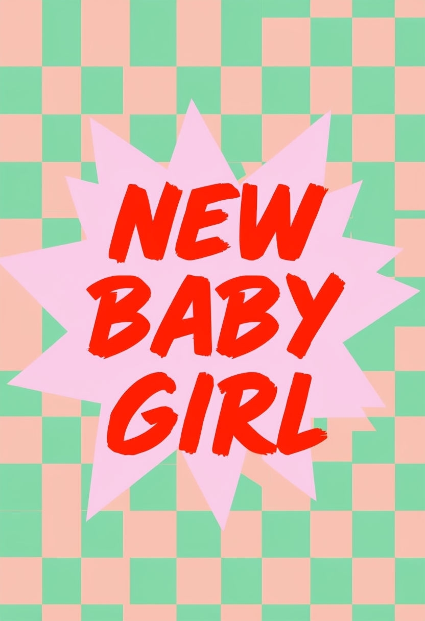 Cheerful New Baby Girl Announcement Card with Starburst Design