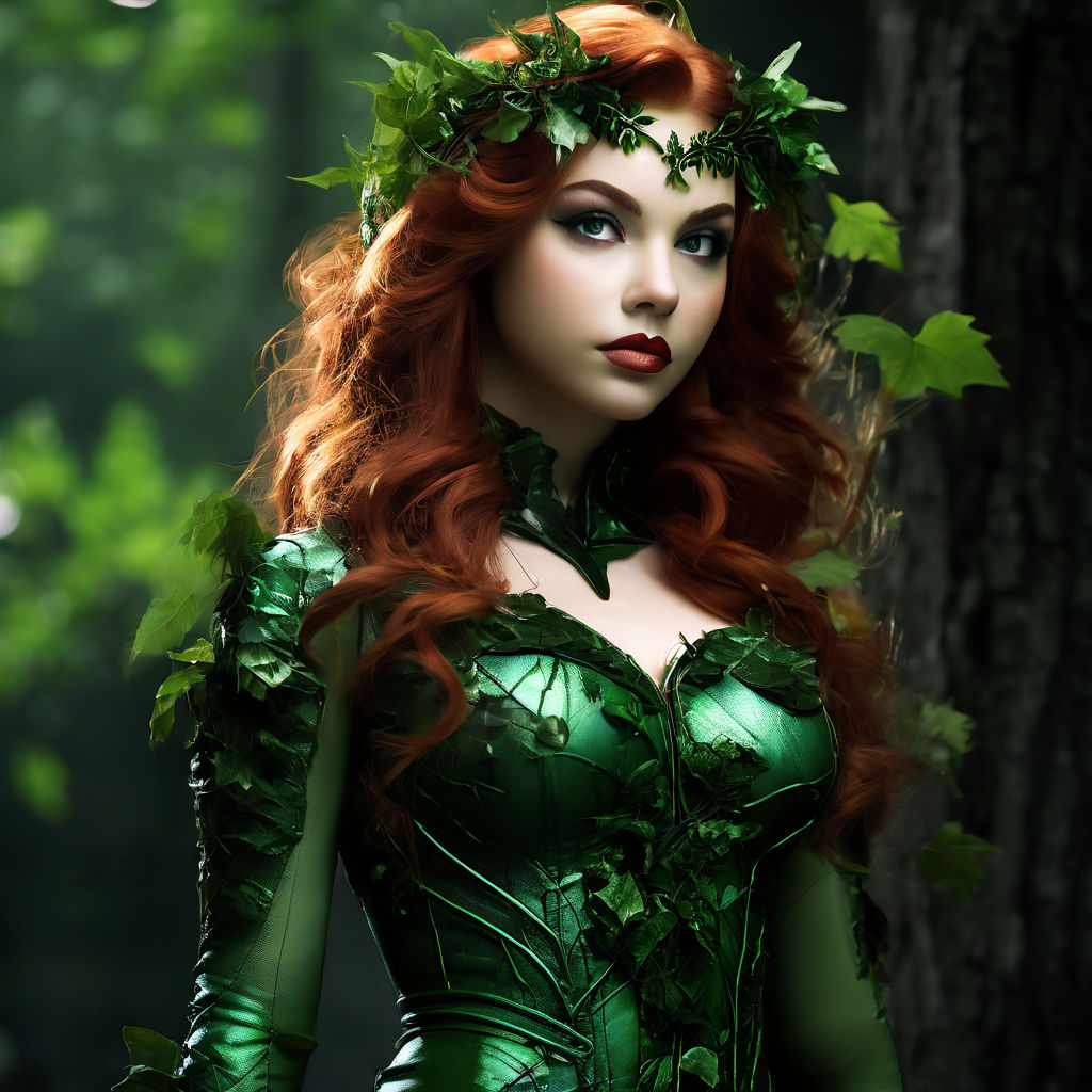 Anne Hathaway as poison ivy sexy outfit villian in tress background