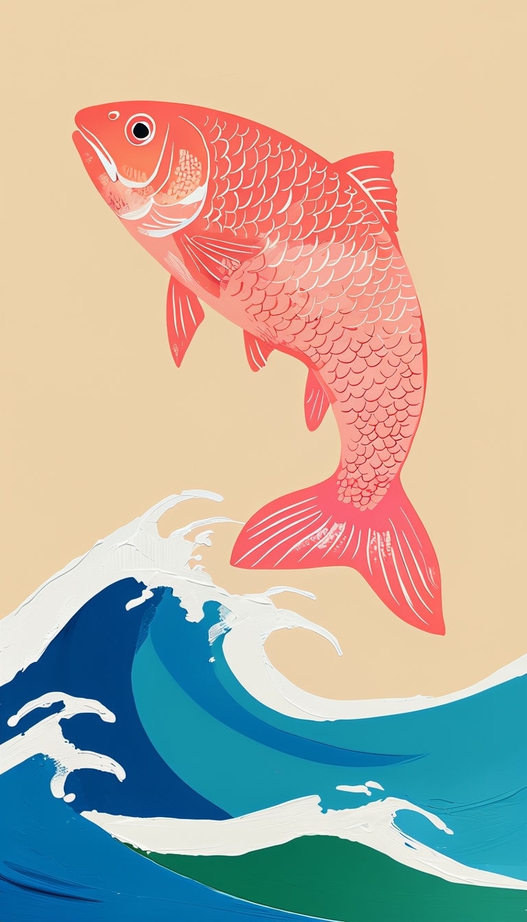 Charming Salmon Pink Fish Leaping Over Waves Illustration Art