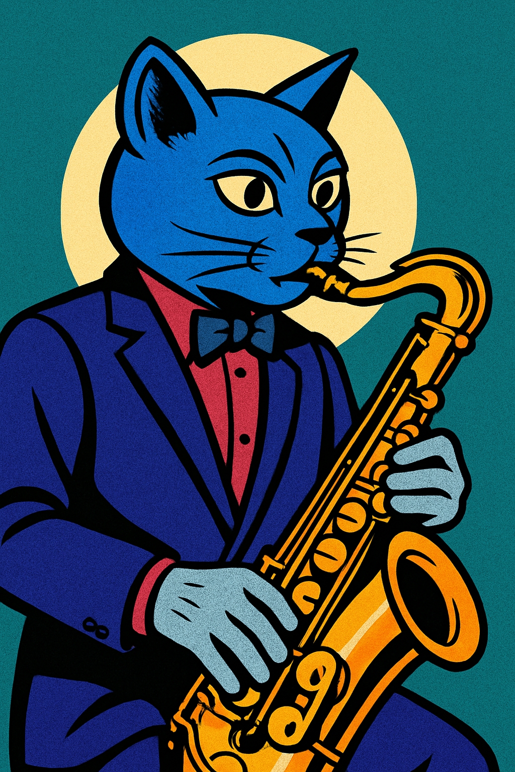 Vibrant Retro Cat Playing Saxophone Illustration Art