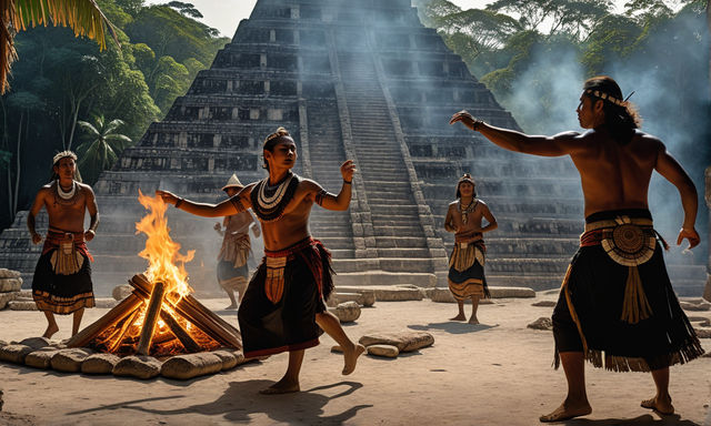 Old mayan dancing around a fire in the mayan pyramids of pa... by ...