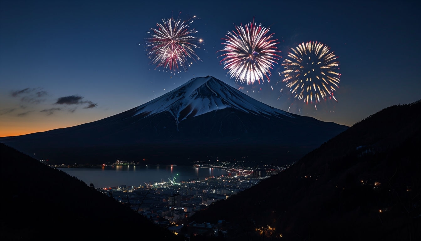 Magical Mount Fuji Twilight Landscape with Fireworks Virtual Background