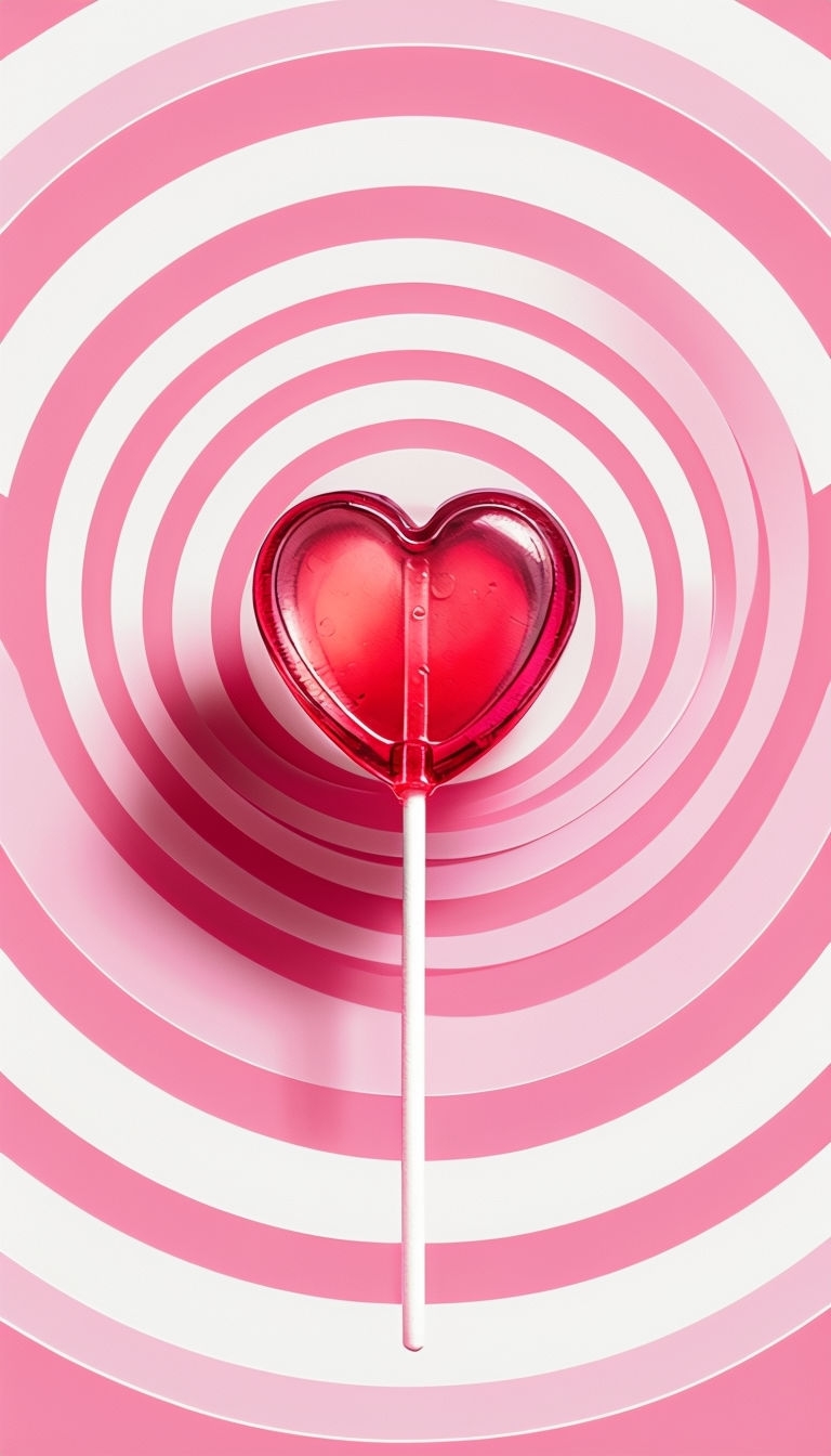 Red Heart-Shaped Lollipop with Pastel Circular Background Mobile Wallpaper
