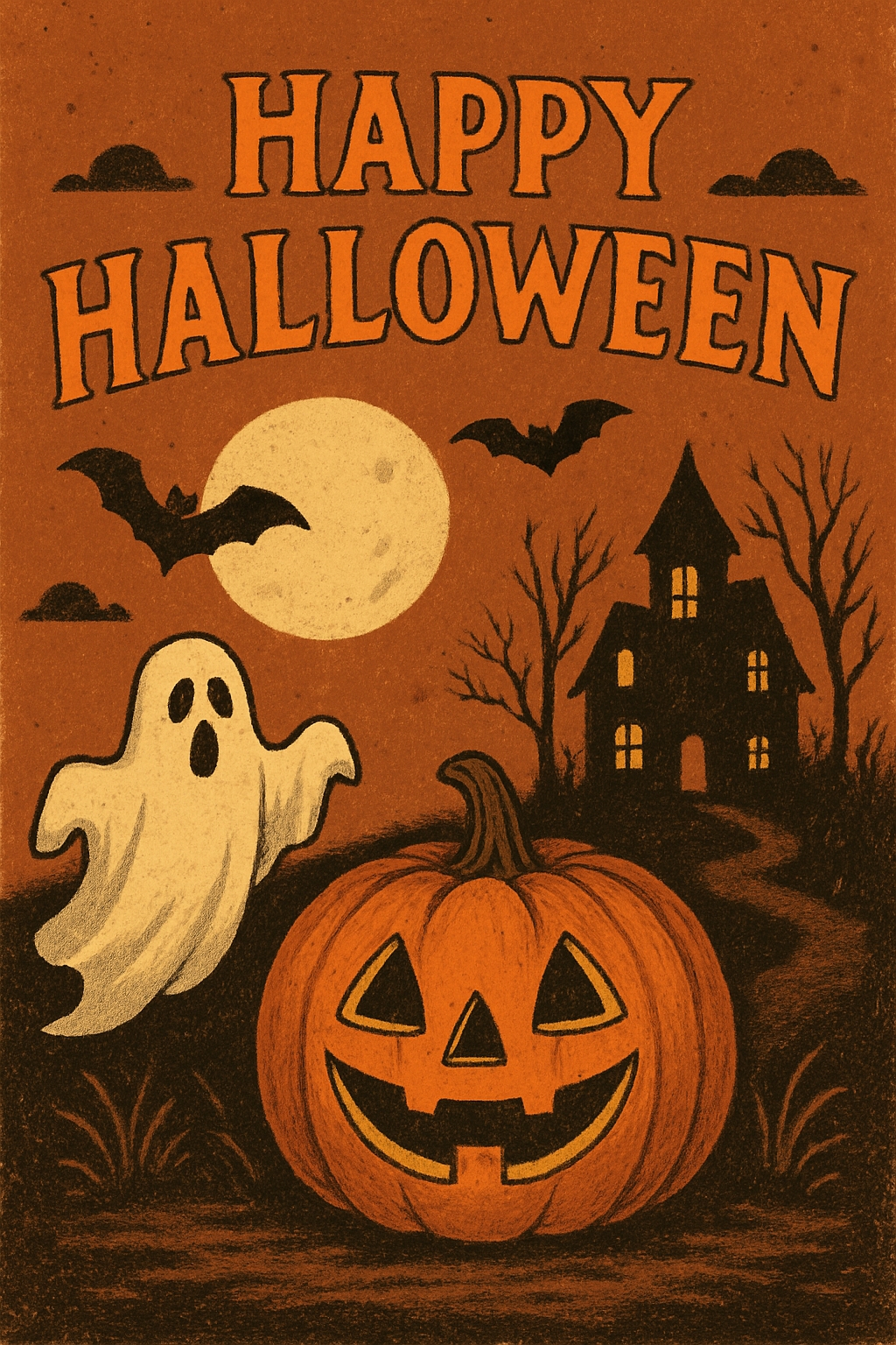 Vintage Halloween Pumpkin and Ghost Illustration Poster