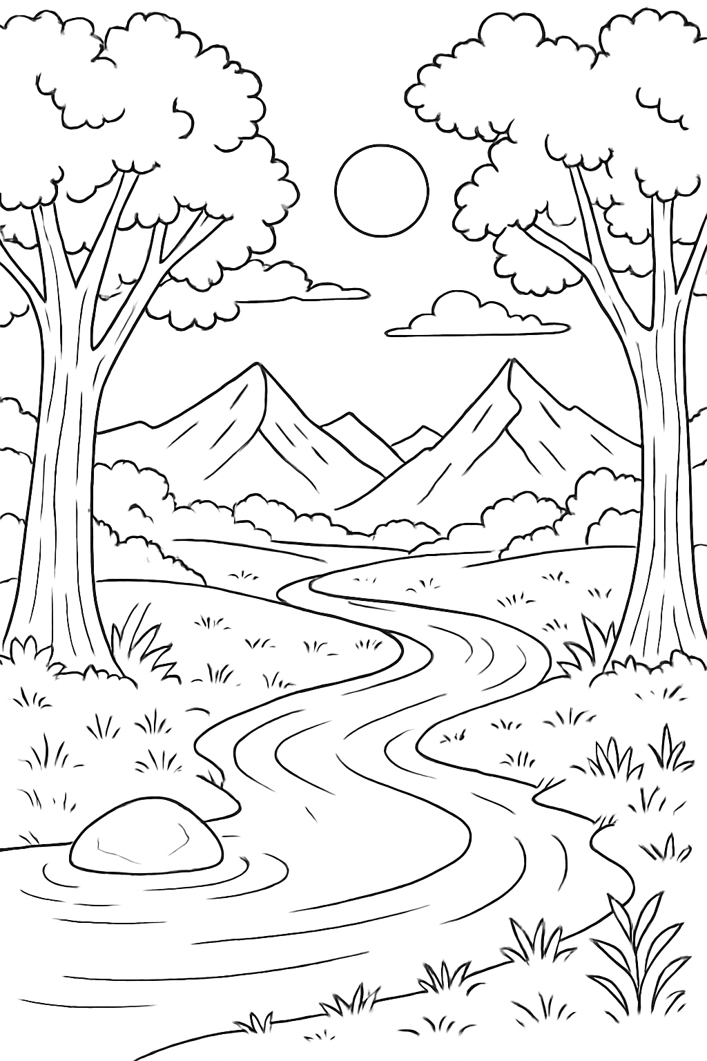 Serene Nature Landscape with Winding River Coloring Page