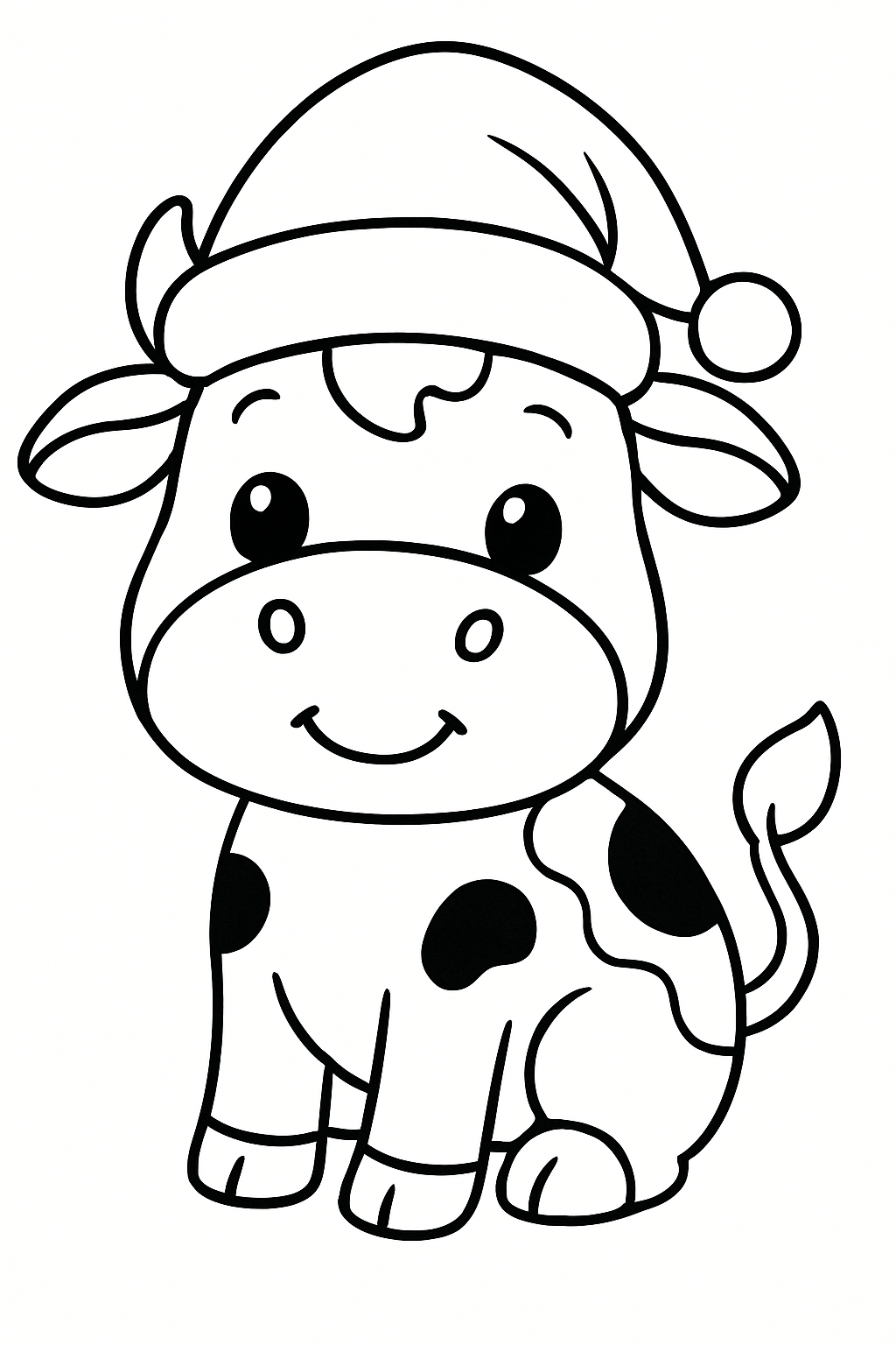 Adorable Cartoon Cow in Santa Hat Line Drawing Coloring Book Page