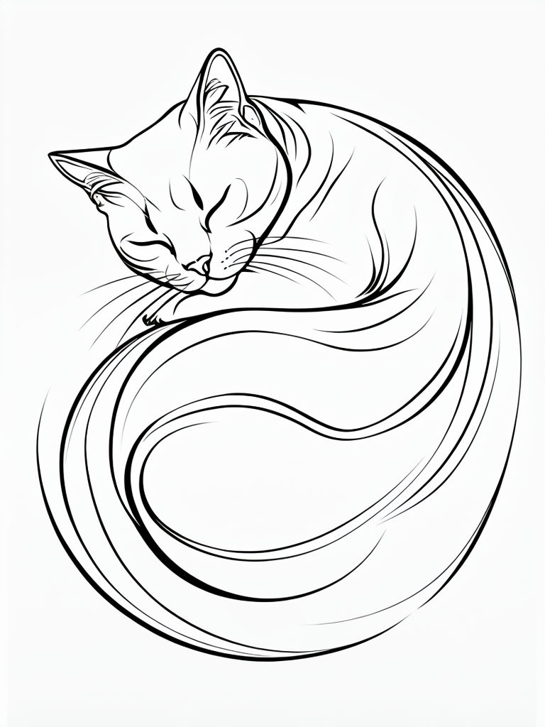 Minimalist Curled Cat Line Drawing Art