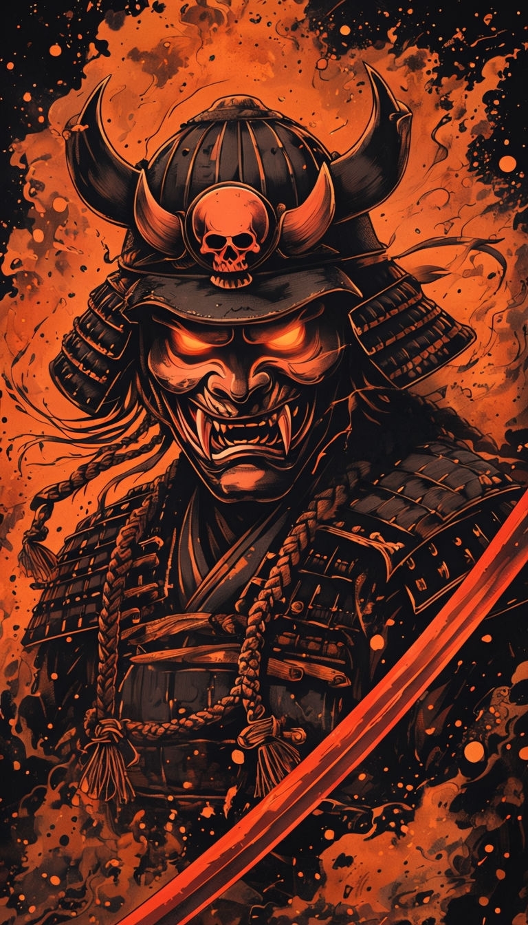 Aggressive Samurai Warrior Illustration with Fiery Background Mobile Wallpaper