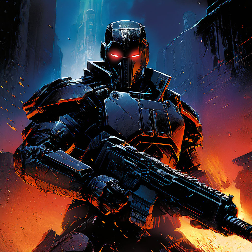 sci-fi humanoid soldier wearing light armor suit painted in black and red  with elongated helmet with glowing red mono-eye holding sci-fi assault  rifle in the setting of the warhammer 40 000