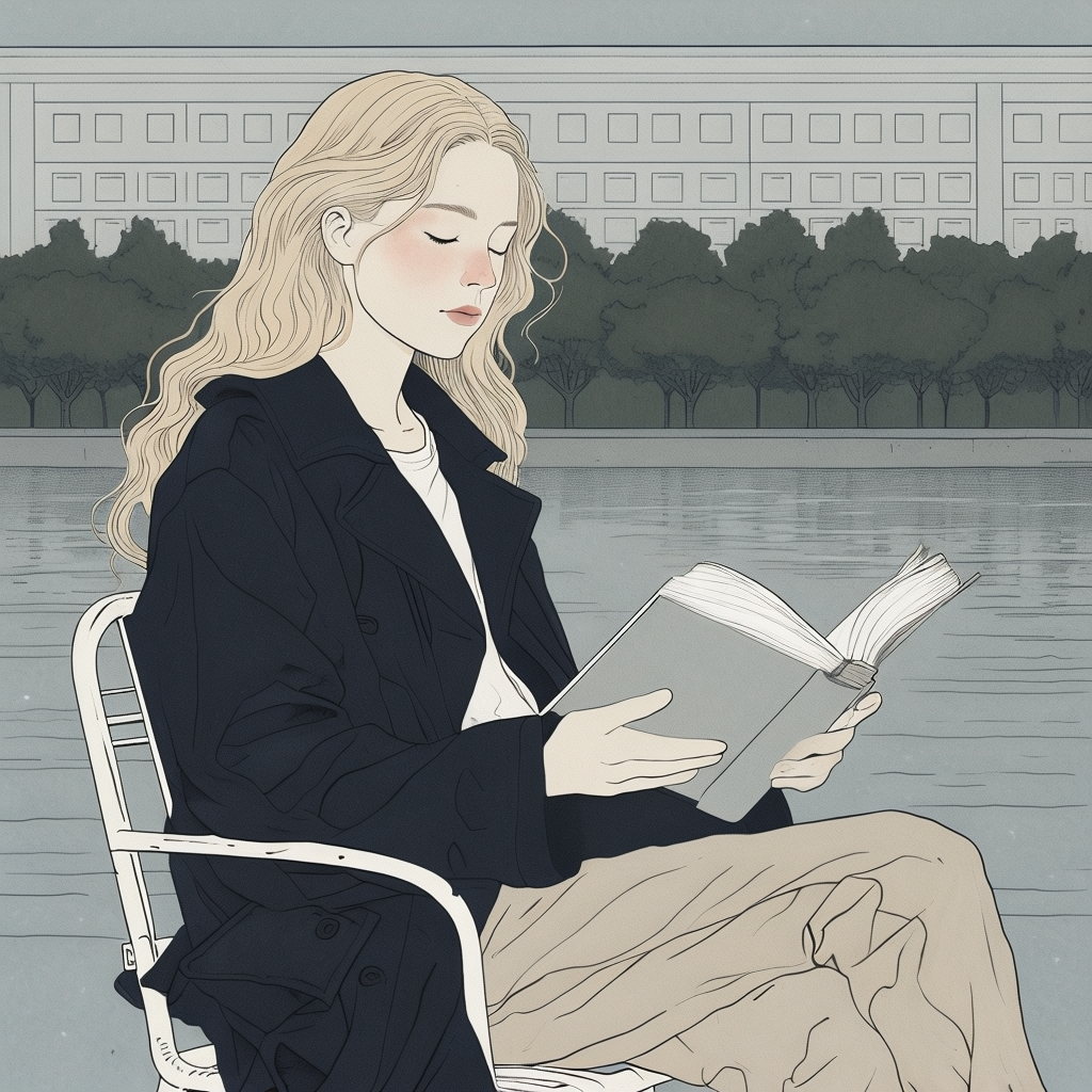 Minimalist Woman Reading by the Water Illustration