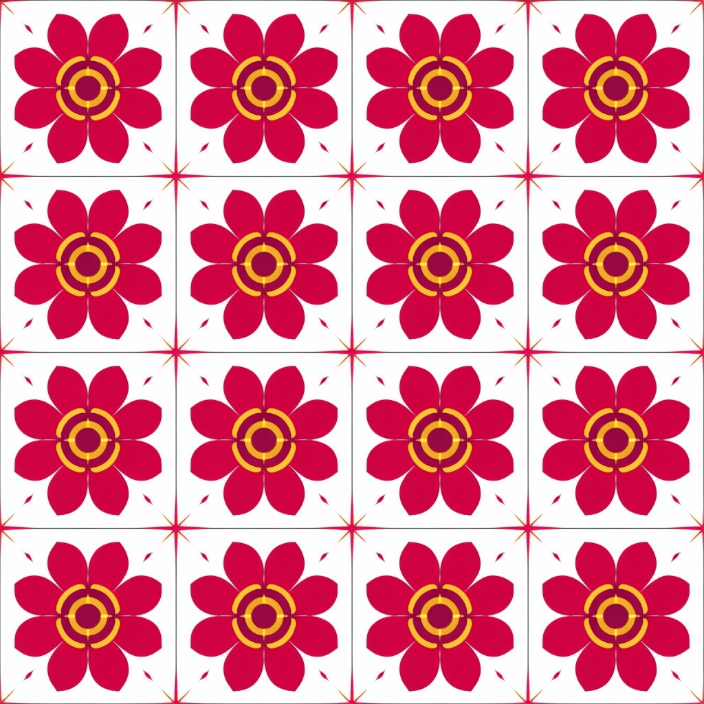 Vibrant Crimson Flower and Yellow Star Seamless Pattern