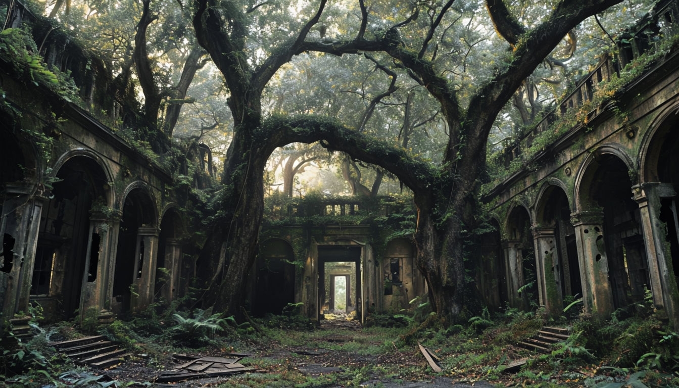 Abandoned Classical Building Surrounded by Nature Virtual Background
