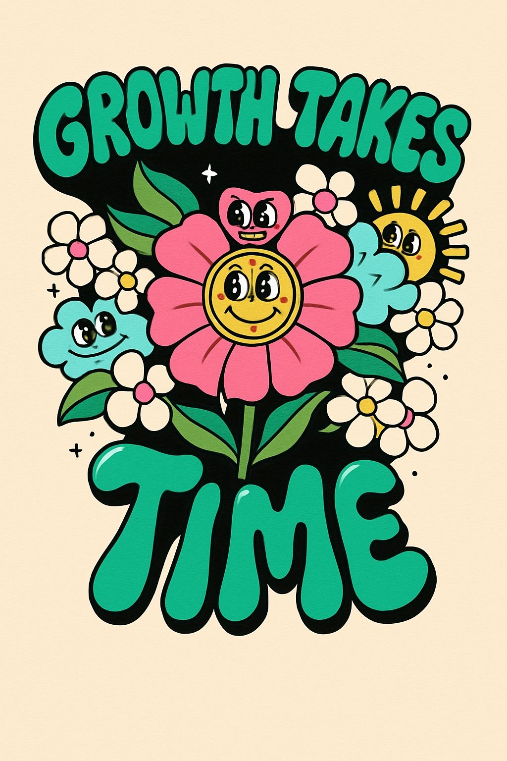 Whimsical Growth Takes Time Floral Cartoon T-Shirt