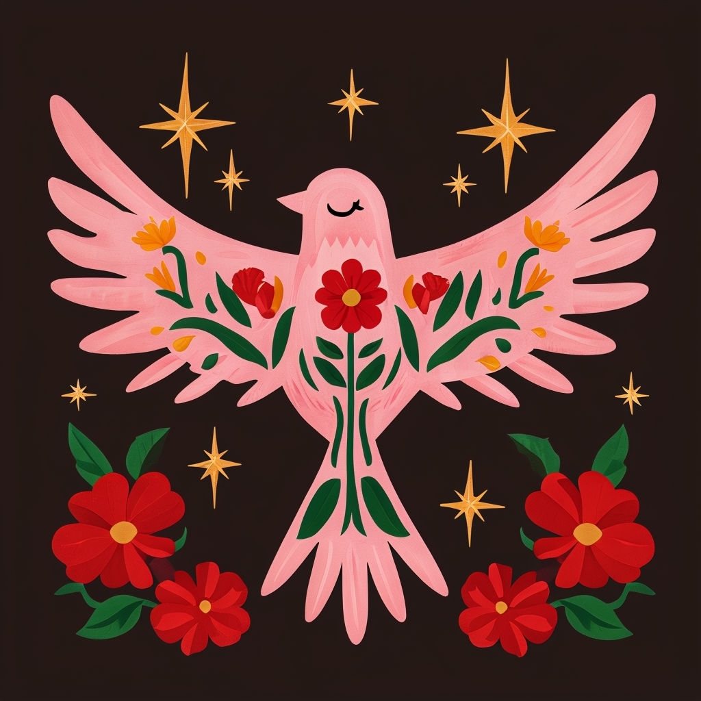 Whimsical Pink Bird Otomi-Inspired Floral Illustration Sticker