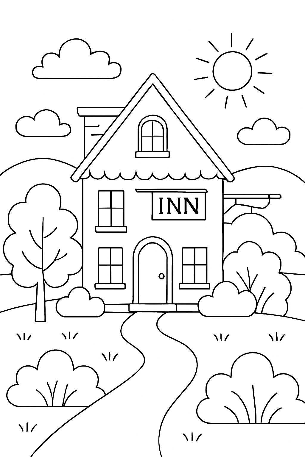 Cheerful Cartoon Inn Scene Black and White Line Drawing Coloring Book Pages