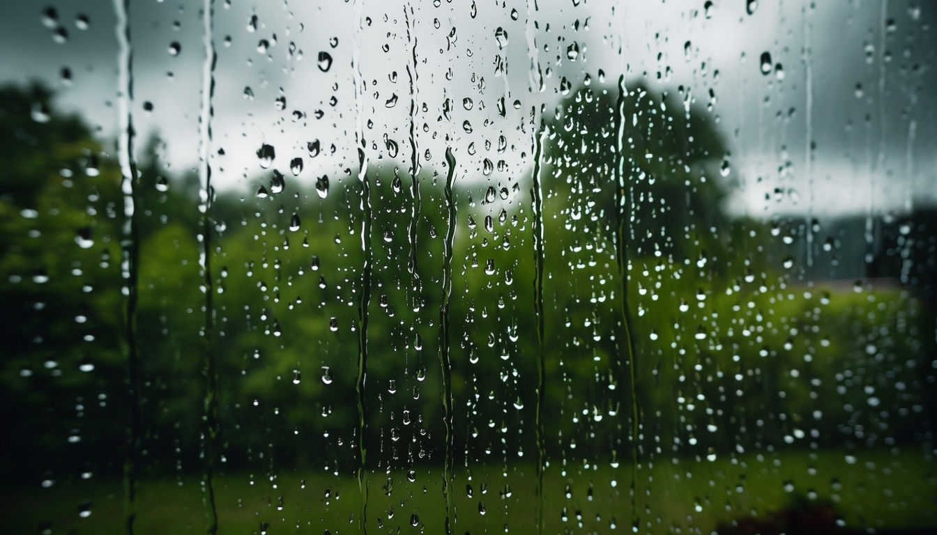 Rainy Day Window View with Green Foliage Virtual Background