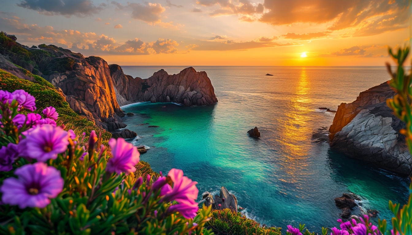 Serene Coastal Sunset Landscape with Vibrant Flowers Virtual Background
