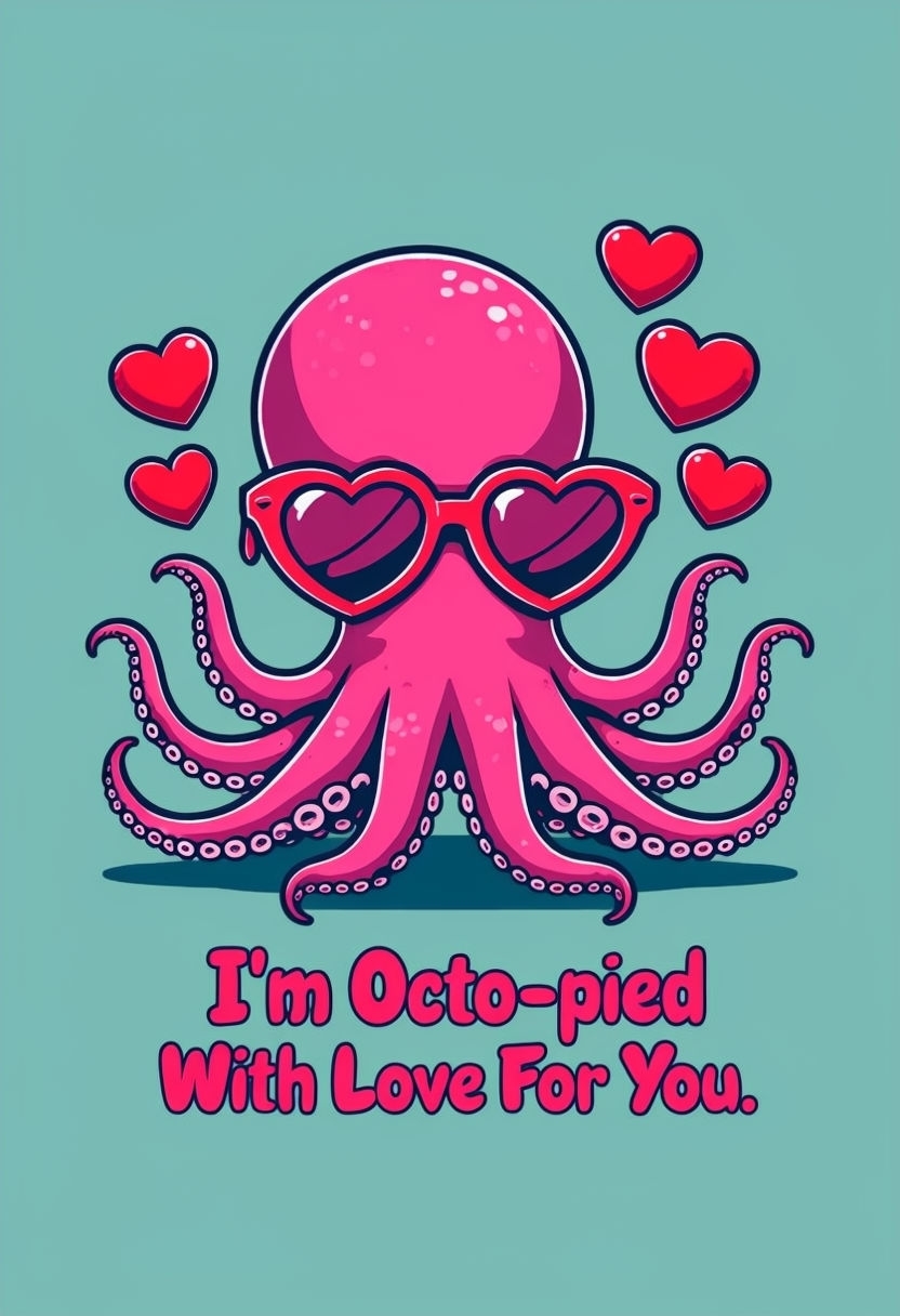 Cute Cartoon Octopus Juggling Hearts Valentine's Day Card