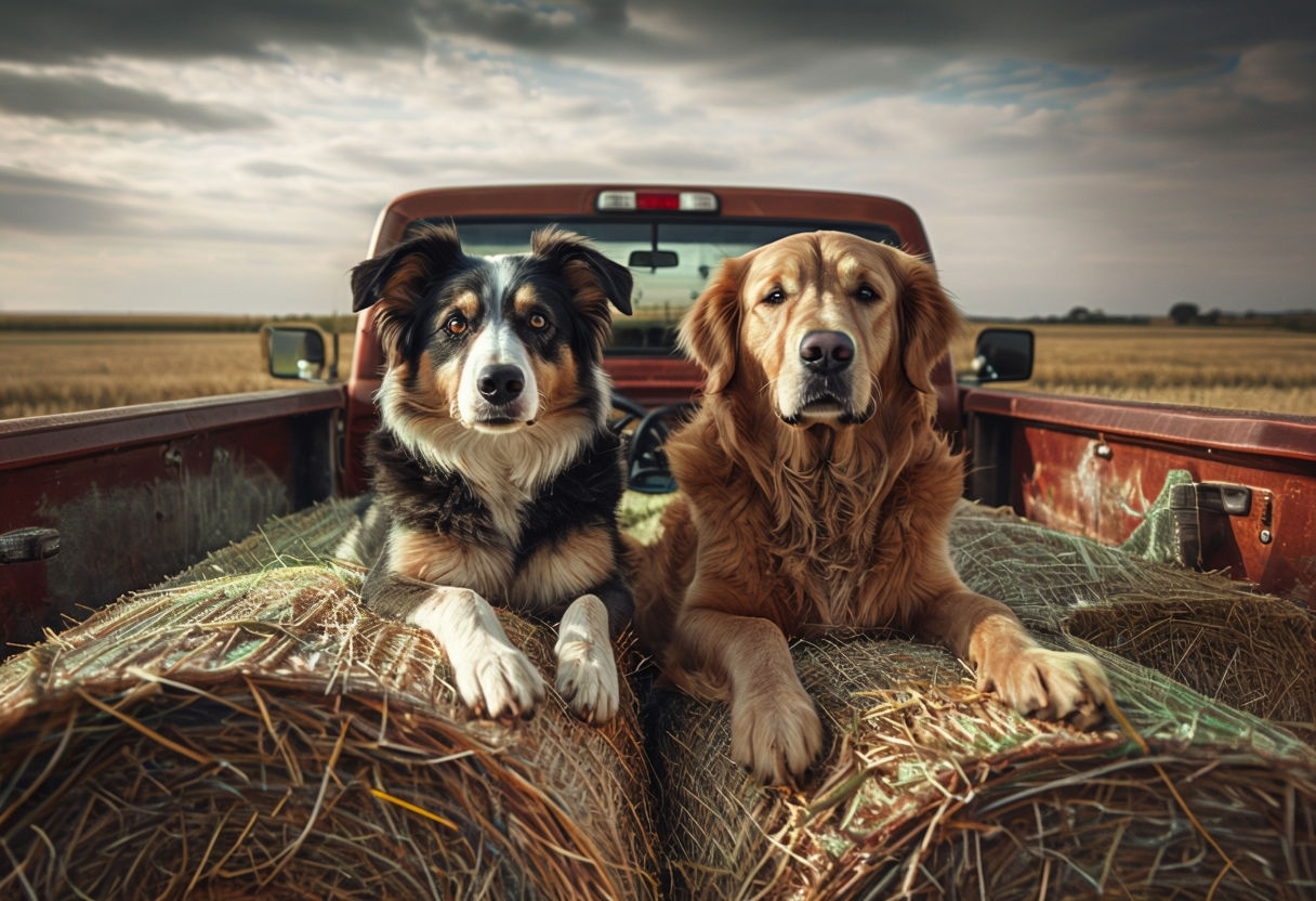 Rustic Pickup Truck with Dogs and Hay Bales Poster