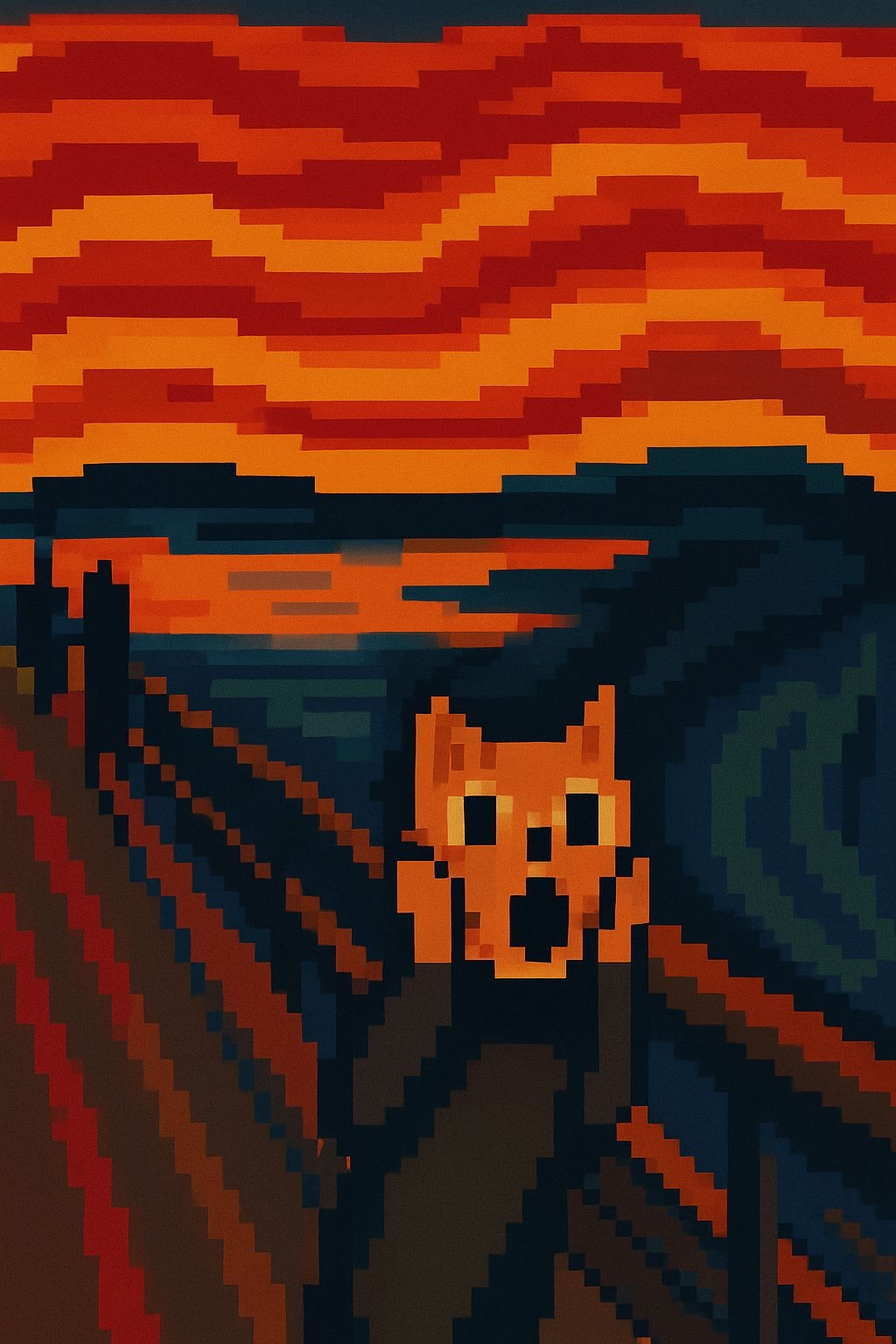 Doge-Inspired Pixel Art of The Scream with Sunset Sky Art