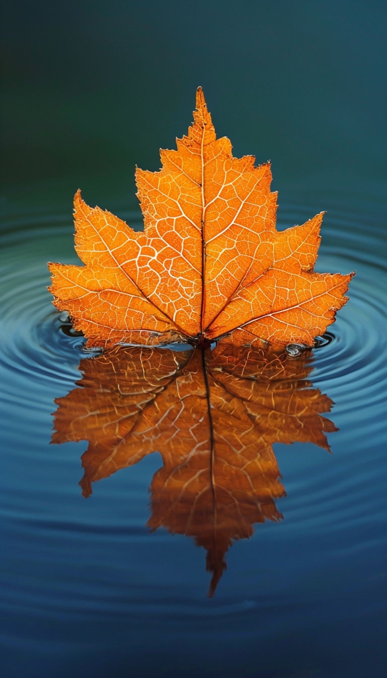 Vibrant Orange-Yellow Leaf on Calm Water Reflection Mobile Wallpaper