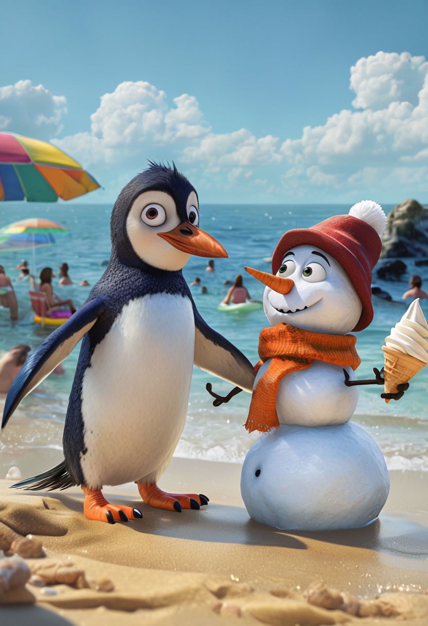 Playful Penguin and Snowman Beach Scene Art for Kids' Room