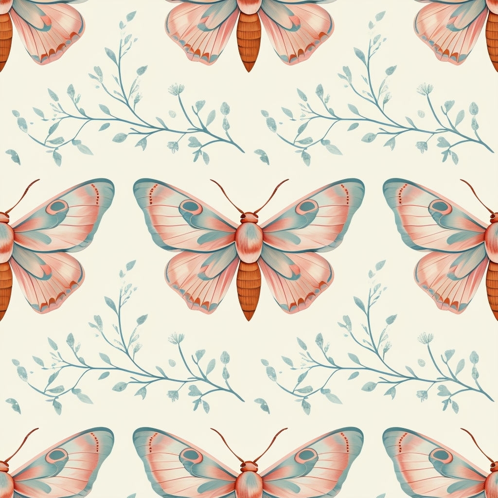 Stylized Moths and Botanical Elements Seamless Pattern Design