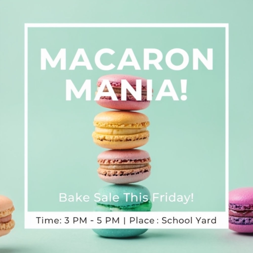 Colorful Macaron Mania Bake Sale Social Media Post