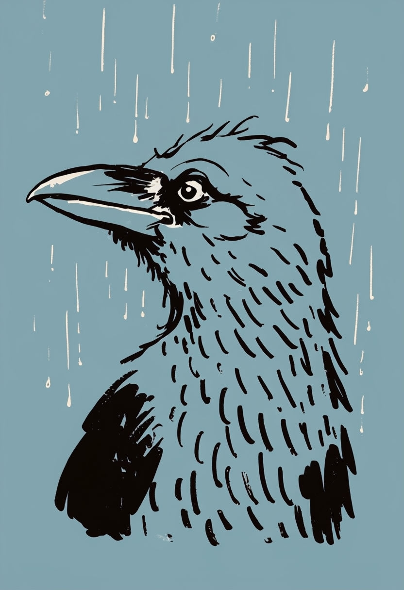 Charming Bill Watterson Style Raven Illustration in Blue Art