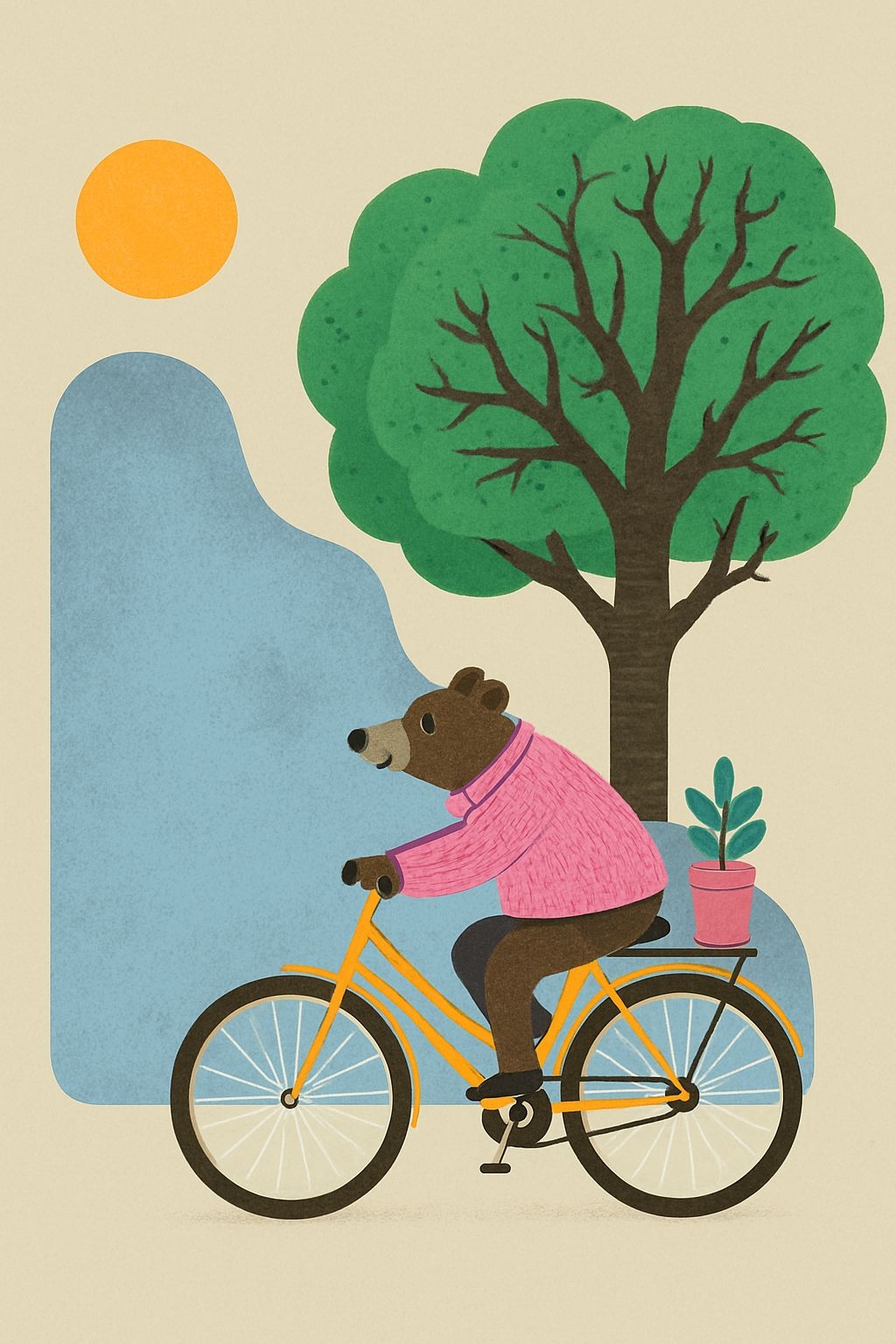 Cheerful Cartoon Bear on Bicycle with Plant and Tree Poster