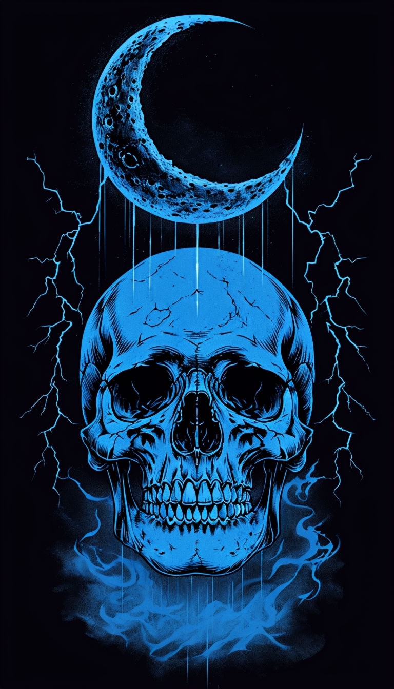Electric Blue Skull and Crescent Moon Graphic Illustration Mobile Wallpaper