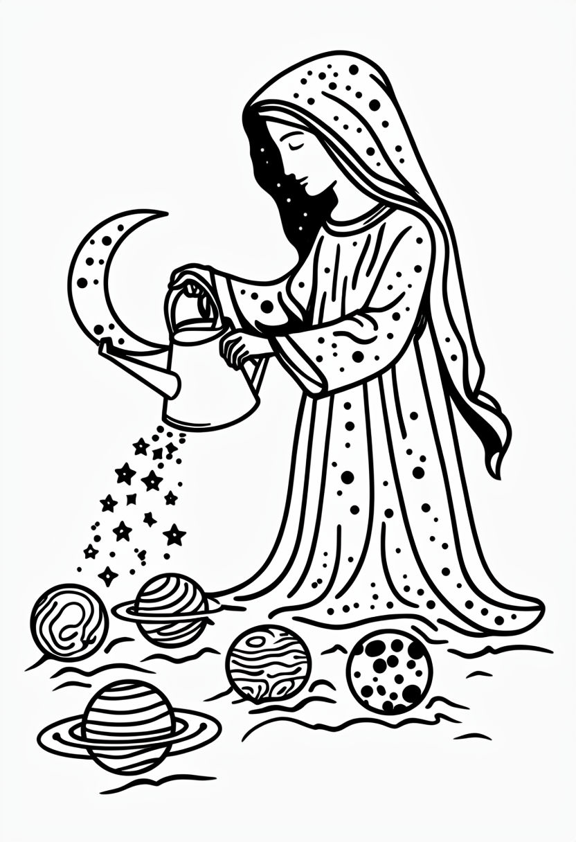 Cosmic Gardener Tending a Planet Garden Coloring Page