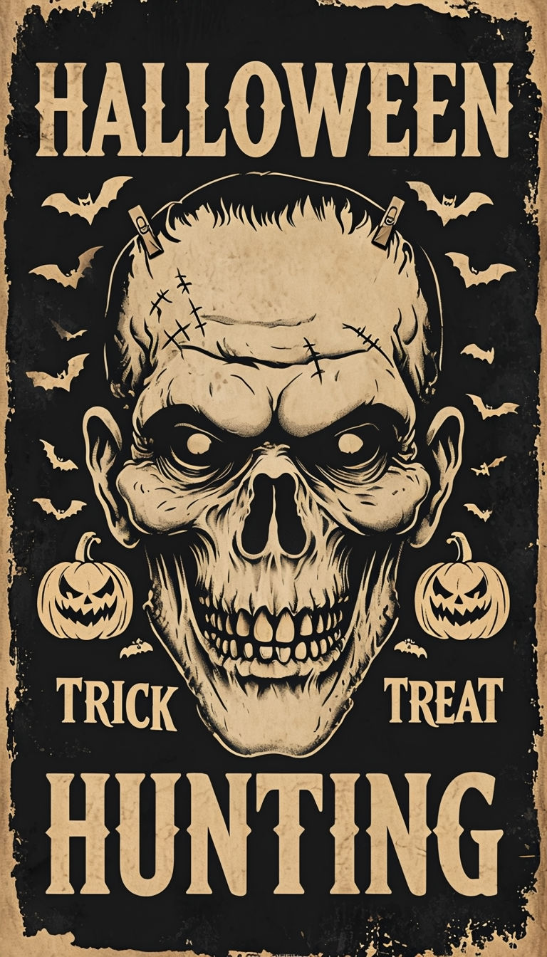 Vintage Halloween Skull and Bats Poster with Trick or Treat Text