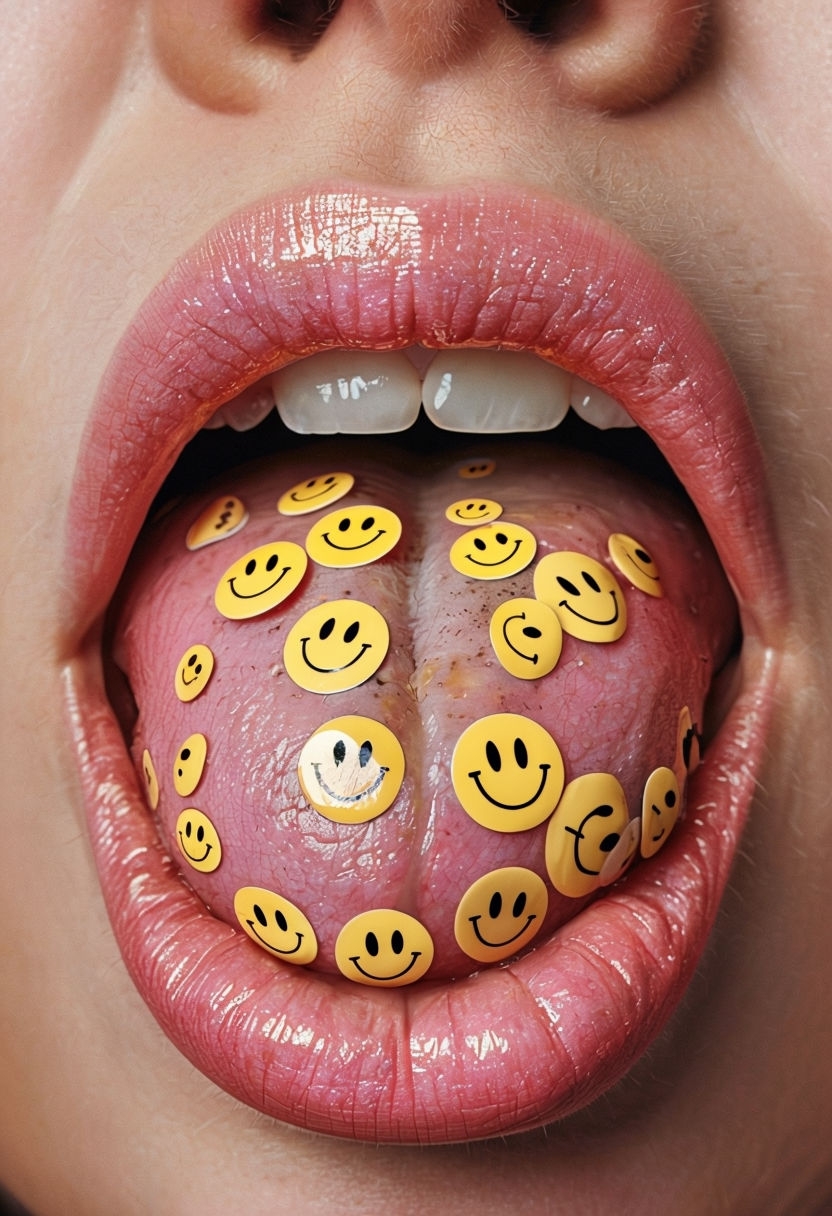 Vibrant Pink Lips with Smiley Face Stickers Close-Up Art