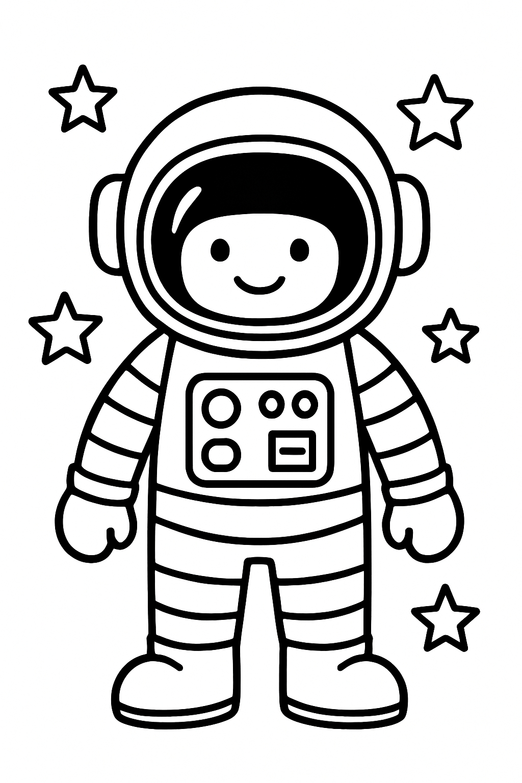 Playful Cartoon Astronaut with Stars Line Drawing Coloring Book Pages
