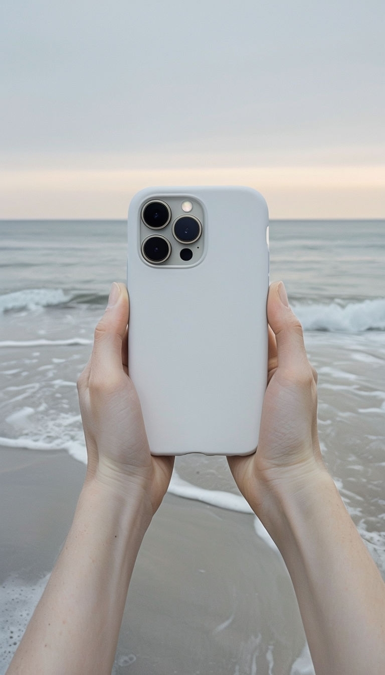 Stylish White Smartphone Case with Beach Background Mockup