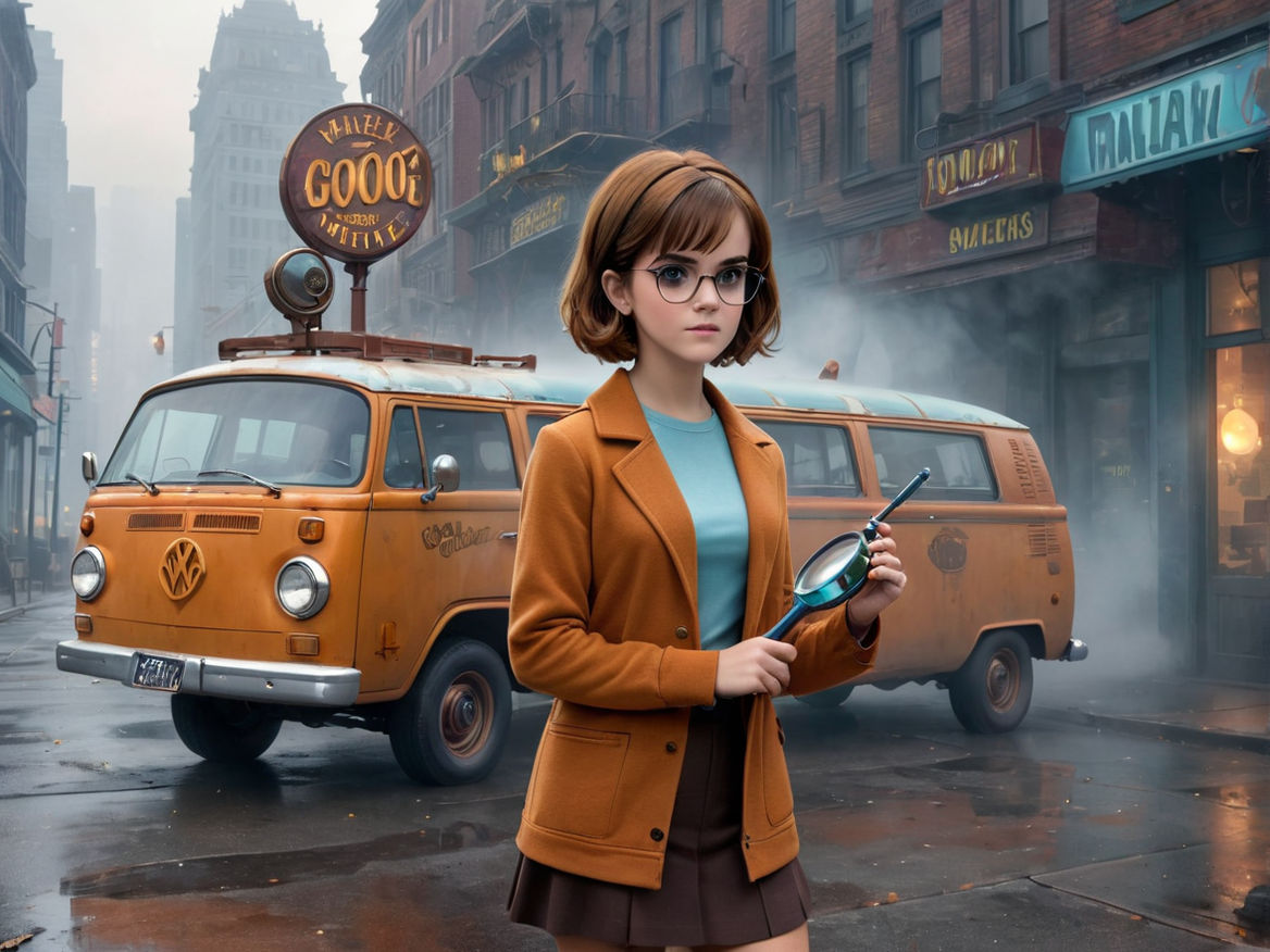 sexy Velma Dinkly with the Mystery machine behind her