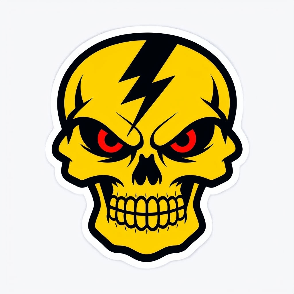 Aggressive Yellow Skull with Lightning Bolt Cartoon Sticker