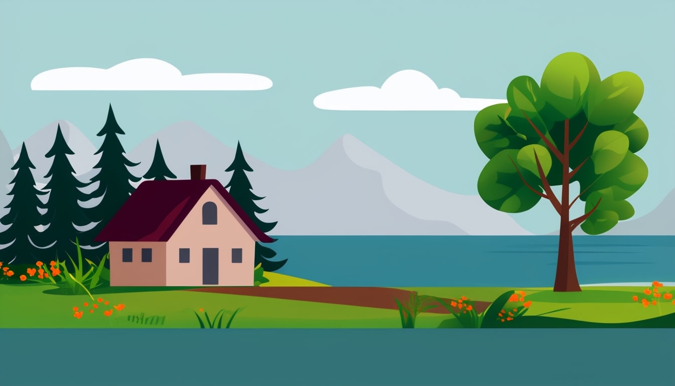 Serene Lakeside House Cartoon Landscape Virtual Background