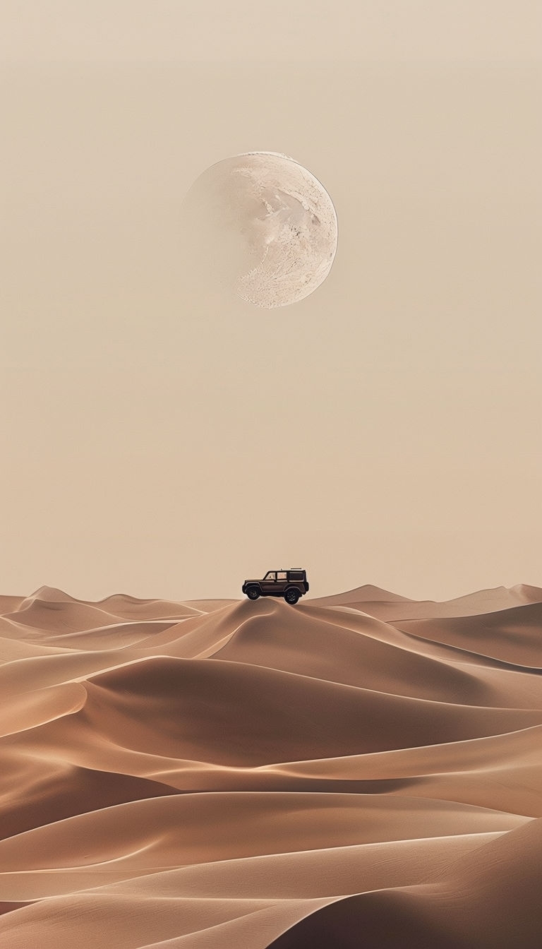 Serene Desert Landscape with SUV and Crescent Moon Mobile Wallpaper