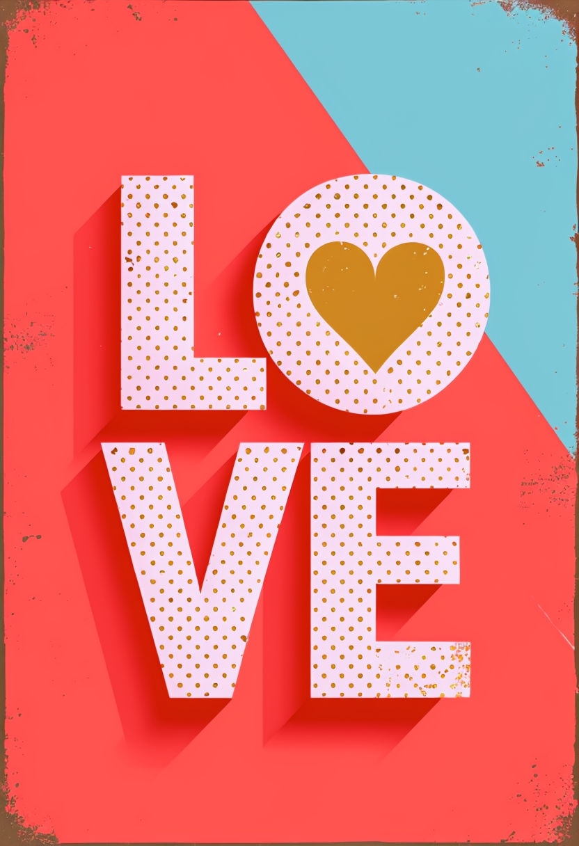 Playful Love Graphic Design with Golden Heart and Bold Letters Card