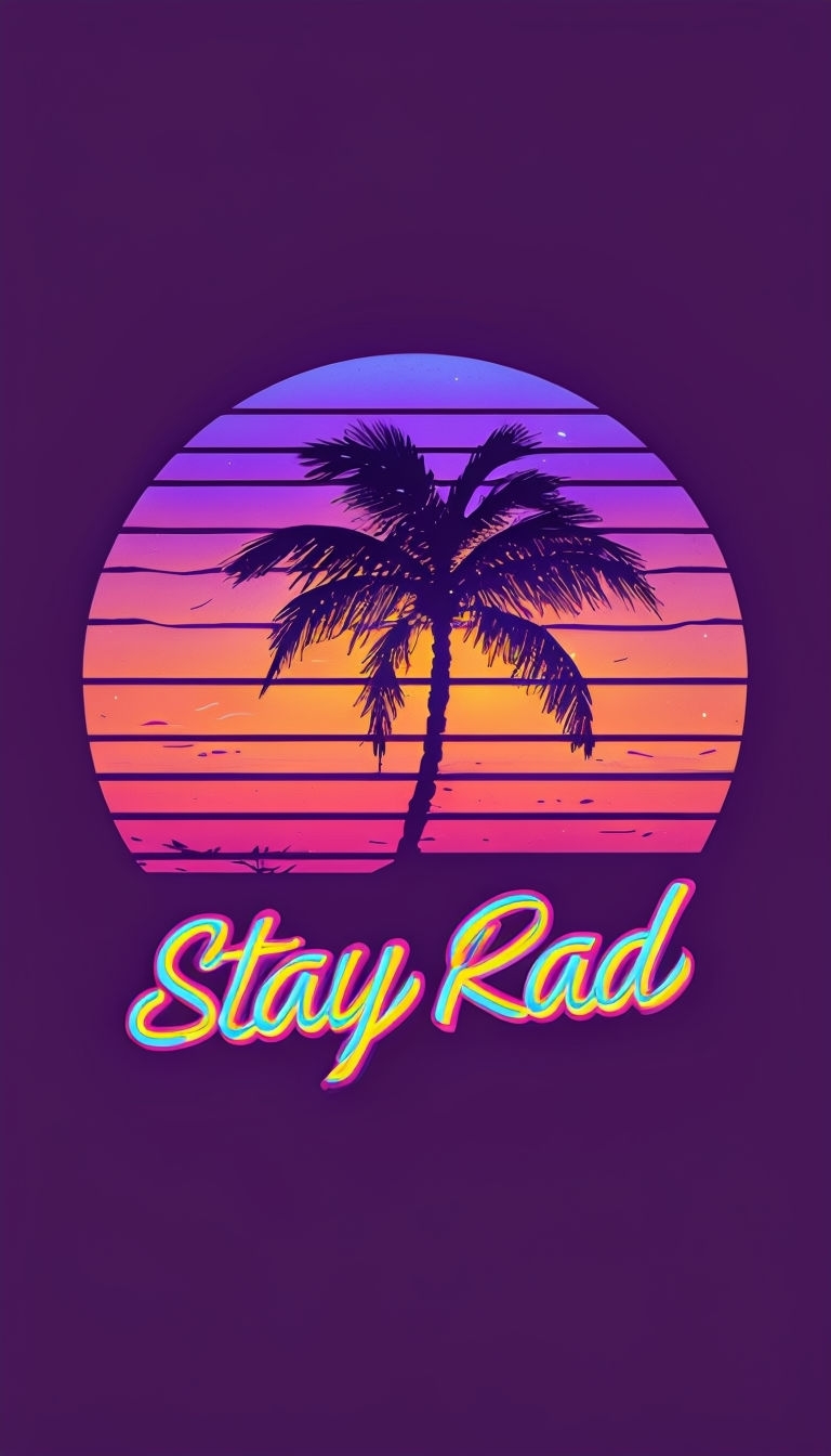 Neon Sunset with Palm Tree and "Stay Rad" Retro Design.